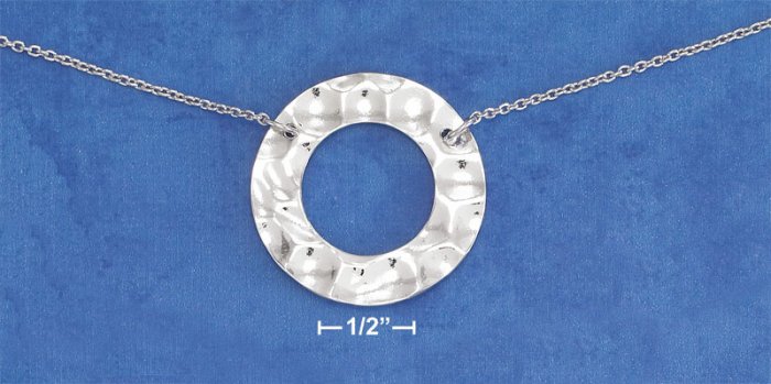 STERLING SILVER 16"-18" CABLE NECKLACE W/ 1-1/8" OPEN HAMMERED DISK