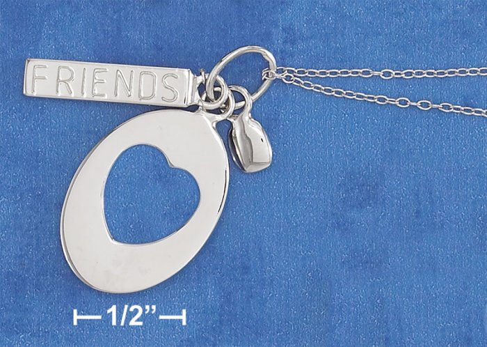 STERLING SILVER RP 18" NECKLACE W/ OVAL HEART CUTOUT TAG & "FRIENDS" BAR