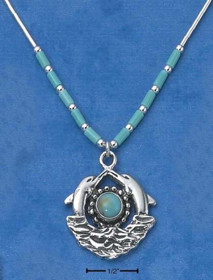 STERLING SILVER 16" LIQUID SILVER NECKLACE W/ ROUND TURQUOISE & DOLPHINS