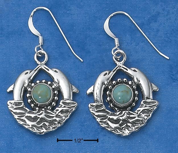 STERLING SILVER DOUBLE DOLPHINS WITH TURQUOISE SUN AND WAVES EARRINGS