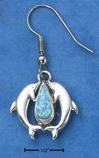 STERLING SILVER KISSING DOLPHINS W/BLUE LAB OPAL FWI EARRINGS