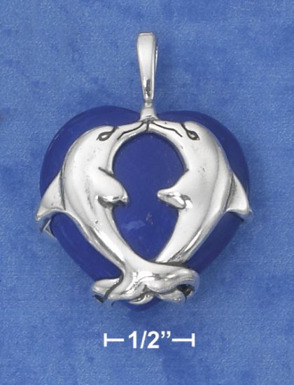SILVER DBL DOLPHINS ON 25MM BLUE HOWLITE HEART/18 IN CHAIN
