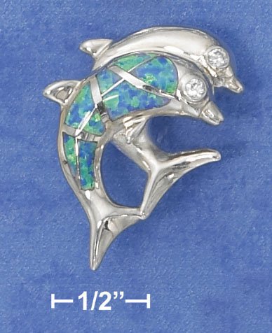 STERLING SILVER JUMPING DBL DOLPHINS W/ CZ EYES PENDANT 1 HP DOLPHIN - 1 LAB OPAL
