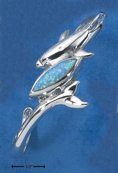 STERLING SILVER DOLPHIN & WRAPPED TAIL W/ BLUE LAB OPAL CUFF BRACELET