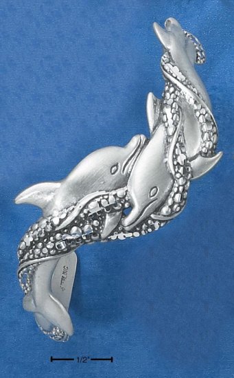 TERLING SILVER SATIN & DC DOUBLE SWIMMING DOLPHIN CUFF BRACELET