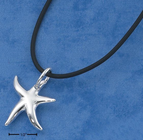 STERLING SILVER 17" STAR FISH NECKLACE ON BLACK RUBBER CORD