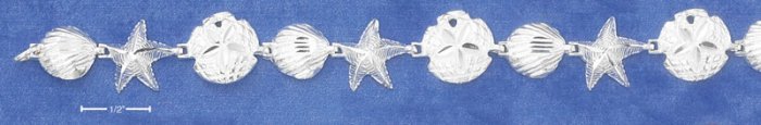 STERLING SILVER 7.5" DIAMOND CUT SCALLOP SHELL/ STARFISH & SANDDOLLAR LINK BRACELET
