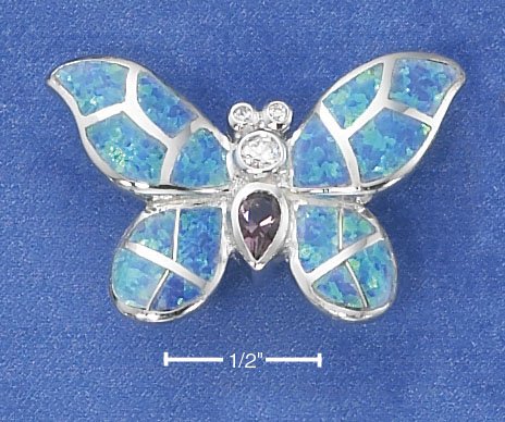 STERLING SILVER BUTTERFLY SLIDE W/ MOSAIC LAB OPAL WINGS & MULTICOLOR CZ BODY