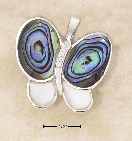 STERLING SILVER ABALONE & MOP W/ CZ CHIPS BUTTERFLY PIN/PENDANT