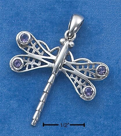 STERLING SILVER FILIGREE DRAGONFLY W/ FOUR AMETHYST PENDANT