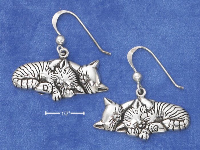 STERLING SILVER ANTIQUED SLEEPING KITTY COUPLE EARRINGS