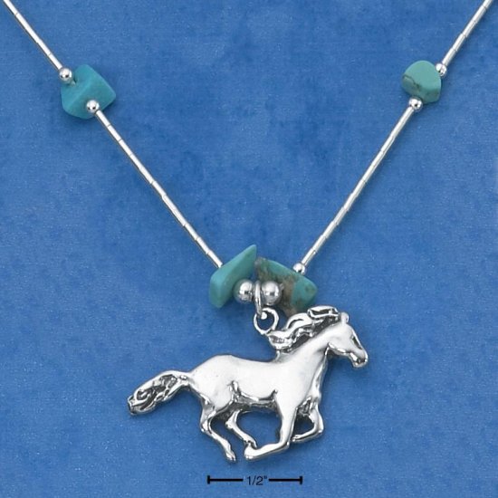 STERLING SILVER 16" NECKLACE W/ GENUINE TURQUOISE CHIPS & HORSE