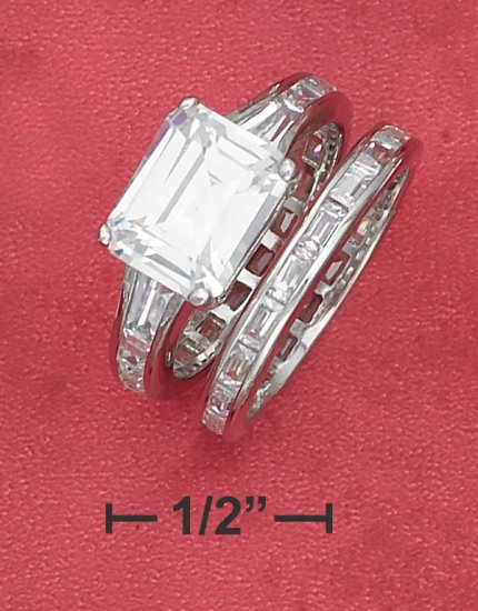 STERLING SILVER 3.75CT EMERALD CUT C Z SOLATAIRE WEDDING SET