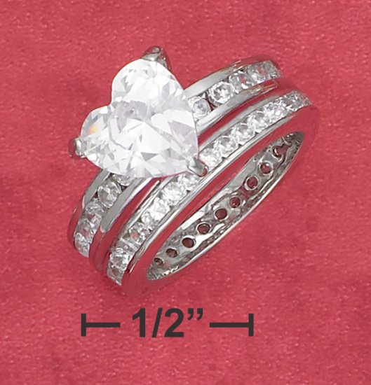 STERLING SILVER 9MM ( 2 CT ) HEART SHAPE CZ SOLATAIRE ENGAGEMENT WEDDING RING SET
