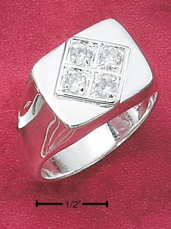 STERLING SILVER MEN'S RING W/ DIAMOND SHAPE DESIGN & FOUR ROUND CLEAR CZ'S