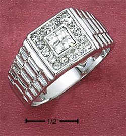 STERLING SILVER MENS RING WITH 4 PRINCESS CUT CLEAR CZ'S WITH ROUND CZ BORDER.