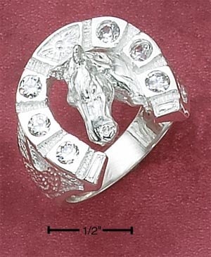 STERLING SILVER MENS 6 CZ HORSESHOE RING W/ HORSEHEAD IN CENTER