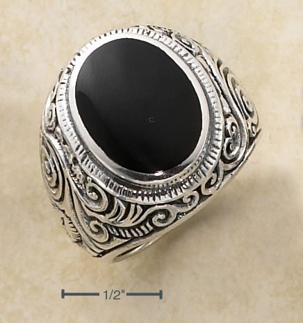 STERLING SILVER MENS LARGE BEZEL SET OVAL ONYX RING