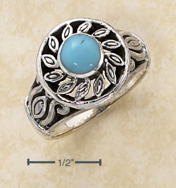 STERLING SILVER FILIGREE SUN DESIGN W/ TURQUOISE CENTER STONE RING.