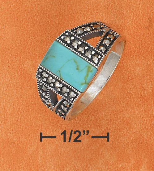 STERLING SILVER TURQUOISE WITH MARCASITE SIDES DESIGN RING.
