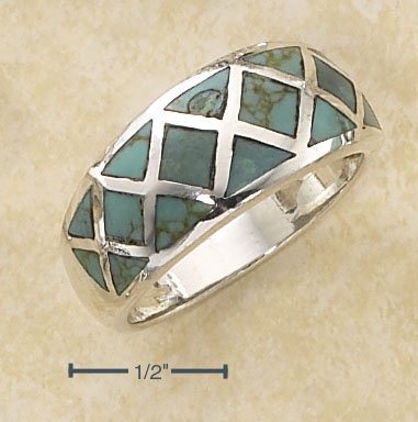 STERLING SILVER GRADUATED CROSS HATCH DESIGN TURQUOISE INLAY RING.