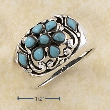 STERLING SILVER WIDE DOME W/ MULTIPLE TURQUOISE STONES IN FLORAL PATTERN RING.