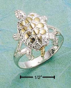 STERLING SILVER TWO TONE MOVEABLE TURTLE RING WITH 14K GOLD ACCENTS.