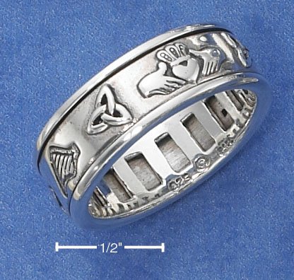 STERLING SILVER UNISEX ANTIQUED IRISH SYMBOLS SPINNER RING