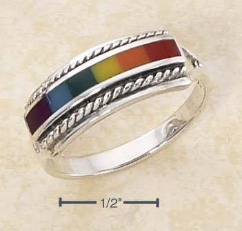 BEAUTIFUL RAINBOW ENAMEL INLAY RING WITH ROPED EDGE.