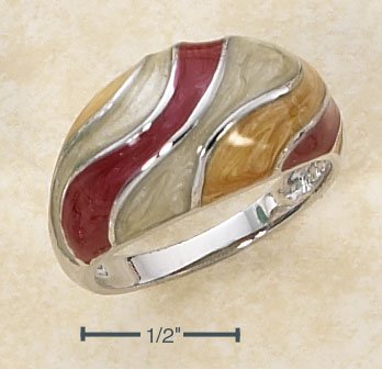 STERLING SILVER ENAMEL GOLDEN/RUST/OFFWHITE SWIRL DOME RING