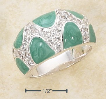 STERLING SILVER ENAMEL GREEN AND PAVE CZ DESIGNER DOME RING.