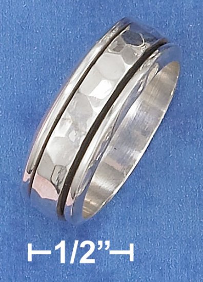 STERLING SILVER 9MM WIDE MENS SPINNER RING W/ HAMMERED MIDDLE.