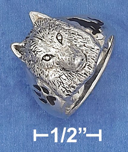 STERLING SILVER WOLF HEAD RING WITH ENAMEL PAW PRINT & WOLF SILHOUETTE