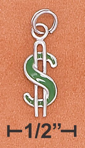 STERLING SILVER 6.5X18MM GREEN ENAMEL $ SIGN CHARM