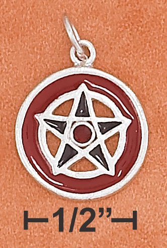 STERLING SILVER 16MM ROUND ENAMEL PENTAGRAM WITH RED CRYSTAL CHARM
