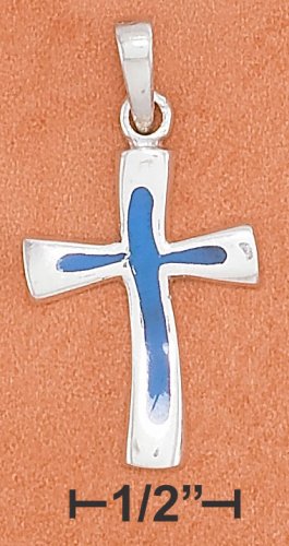 STERLING SILVER 24MM HP CROSS WITH INLAY LIGHT BLUE ENAMEL