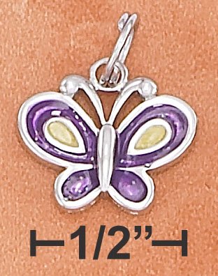 STERLING SILVER 12X15MM 2 SIDED ENAMEL PURPLE & YELLOW BUTTERFLY CHARM
