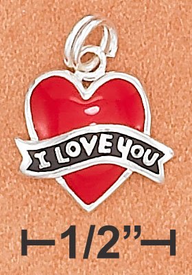 STERLING SILVER ENAMEL 12MM RED FLAT HEART CHARM W/ BLACK "I LOVE YOU" BANNER