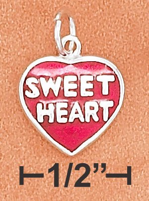 STERLING SILVER 11MM FLAT ENAMEL RED HEART CHARM WITH "SWEETHEART" ON BOTH SIDES