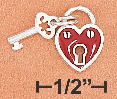 STERLING SILVER 2 SIDED ENAMEL 9MM HEART LOCK WITH KEY CHARM (2 PIECES)
