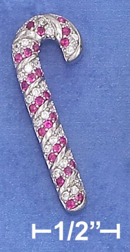 STERLING SILVER 4 X 30MM CLEAR & RED CZ CANDY CANE PENDANT W/ SILVER STRIPES