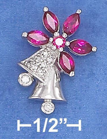 STERLING SILVER 16 X 22MM CLEAR CZ & HP BELL CHARM W/ SYNTHETIC RUBY FLOWER TOP