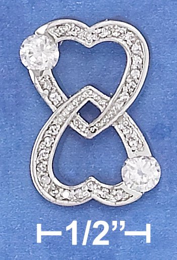 STERLING SILVER RP 15MM WIDE PAVE DOUBLE HEARTS LOVE FOREVER PENDANT W/ 4MM CZ'S