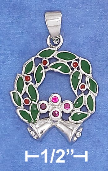 STERLING SILVER 18MM RED & GREEN ENAMEL WREATH CHARM