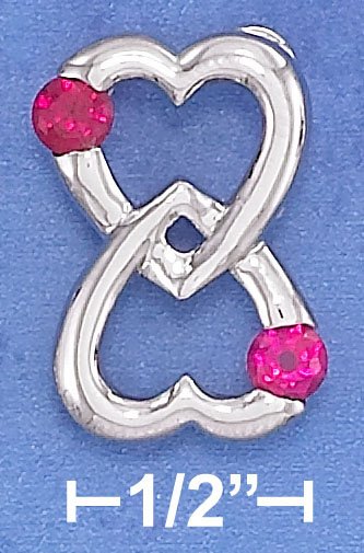 STERLING SILVER 15MM WIDE DBL HEART LOVE FOREVER PENDANT W/ SYNTHETIC 4MM RUBYS