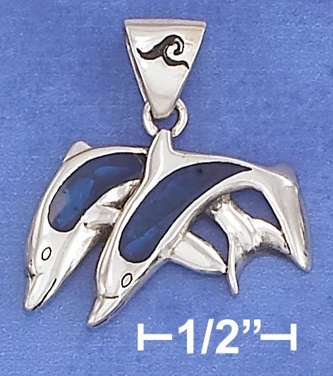STERLING SILVER 16X25M DBL JUMPING DOLPHINS W/ PAUA SHELL INLAY ON 18 IN CHAIN