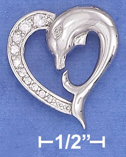 STERLING SILVER HP 23MM CURVED DOPHIN HEART PENDANT