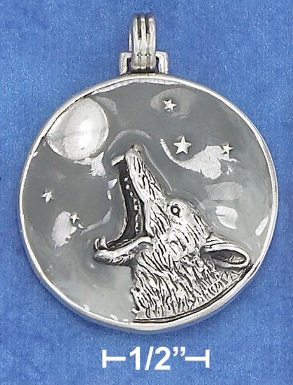 STERLING SILVER 32MM ENAMELED DISK W/ ANTQDCOYOTE/MOON/STARS /18IN CHAIN