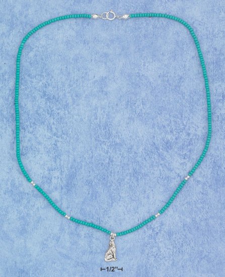 STERLING SILVER 16" CHOKER WITH OCEAN BLUE PONY BEADS AND CENTER WOLF PENDANT