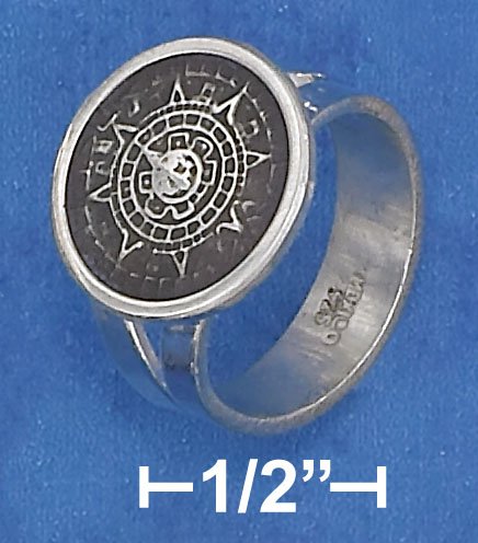 STERLING SILVER HP 15MM WIDE SPLIT SHANK RING WITH ROUND AZTEC CALENDAR